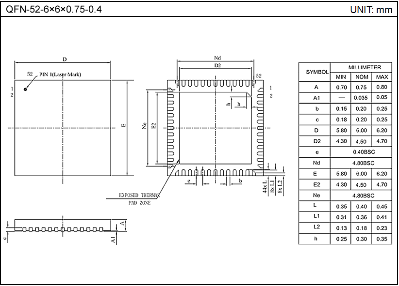 QFN-52-6×6×0.75-0.4（單基島）